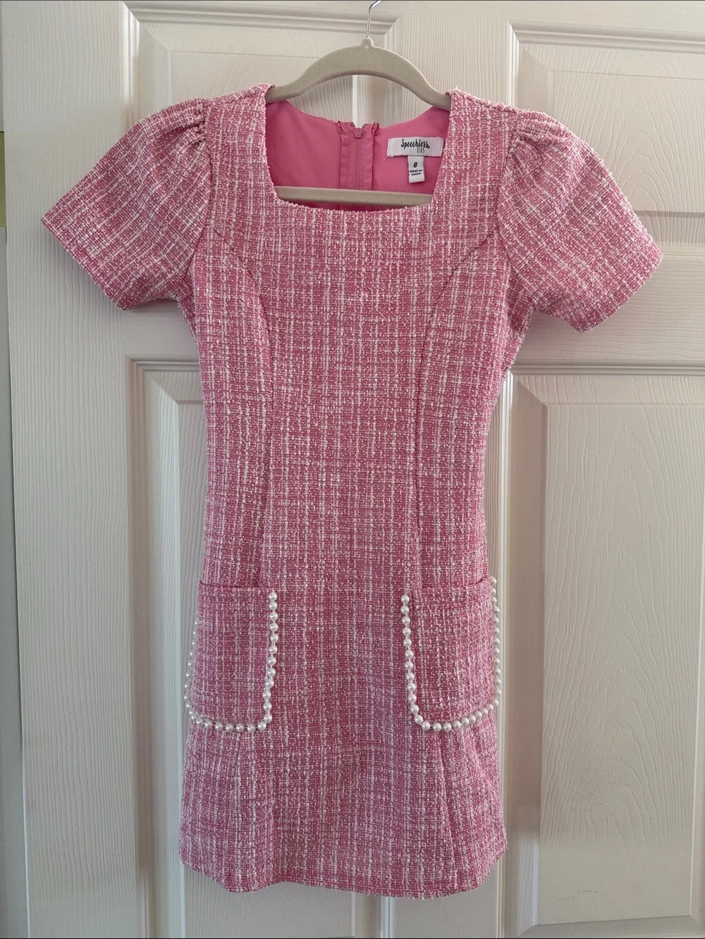 Speechless Pink Tweed Pearl-Pocket Shift Dress